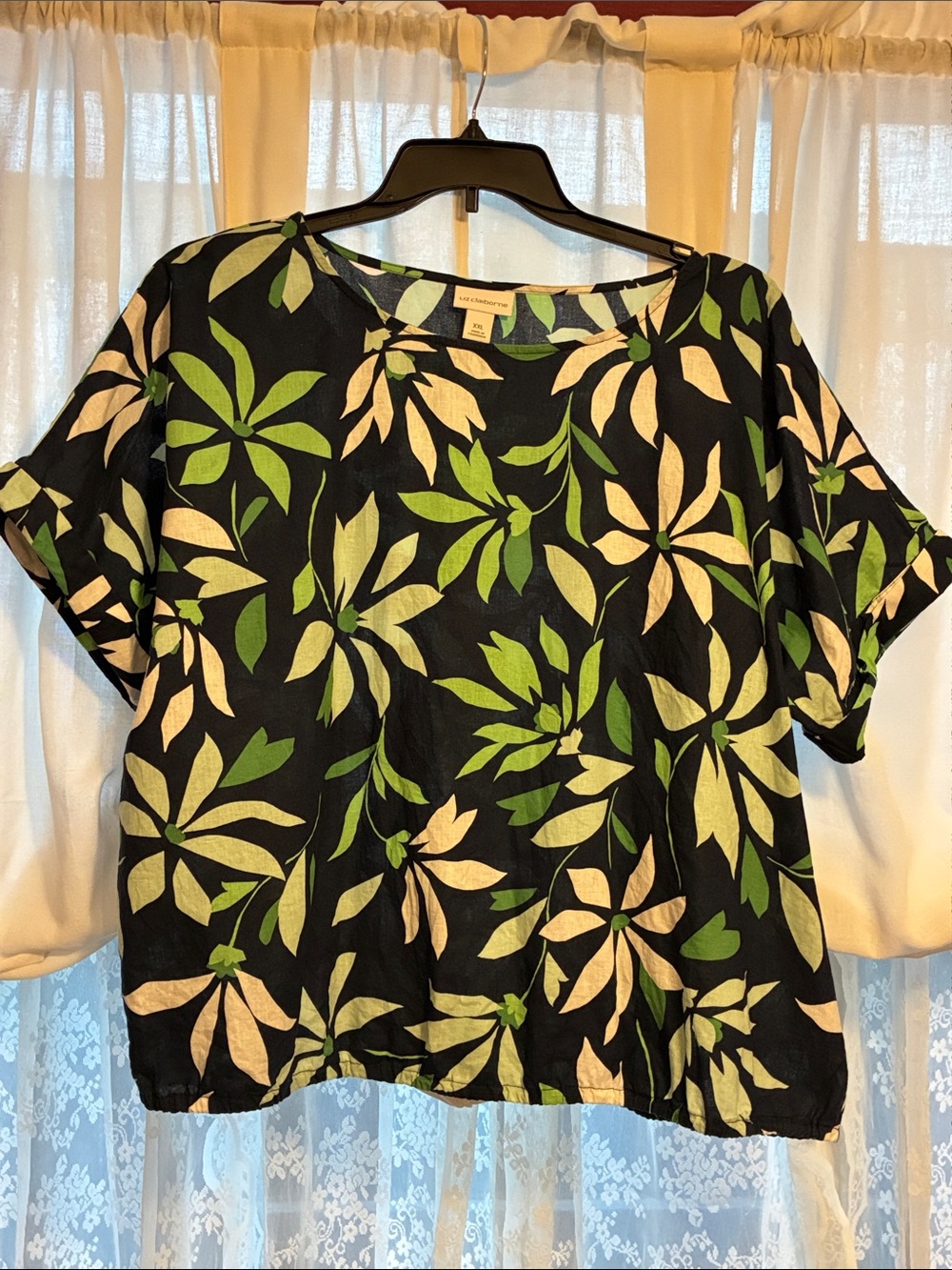 Women’s Navy Floral Short Sleeve Top with Green and White Accents